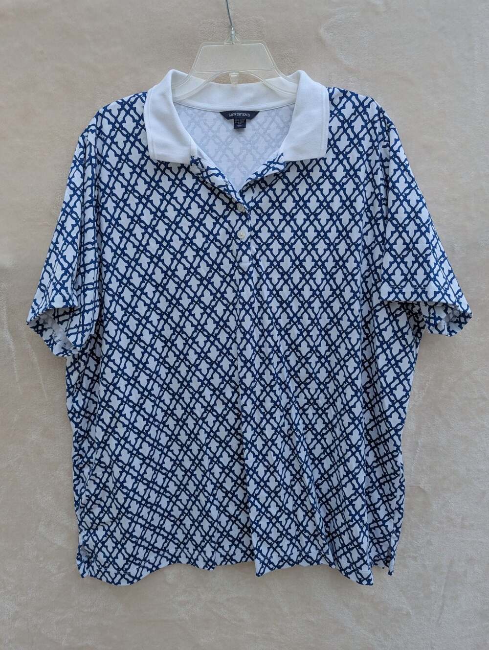 Lands End Women's Classic Fit Blue & White Geometric Pattern Short Sleeve Polo S
